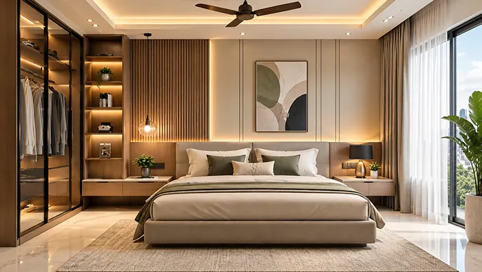Living room with full-height glass windows